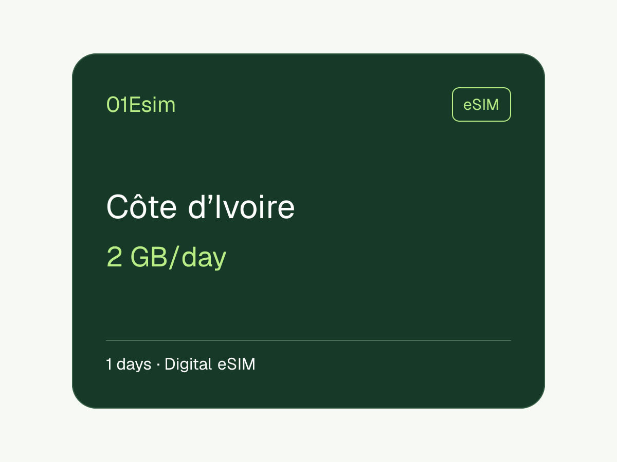 eSIM: Côte d’Ivoire · 2 GB/día · 1 día