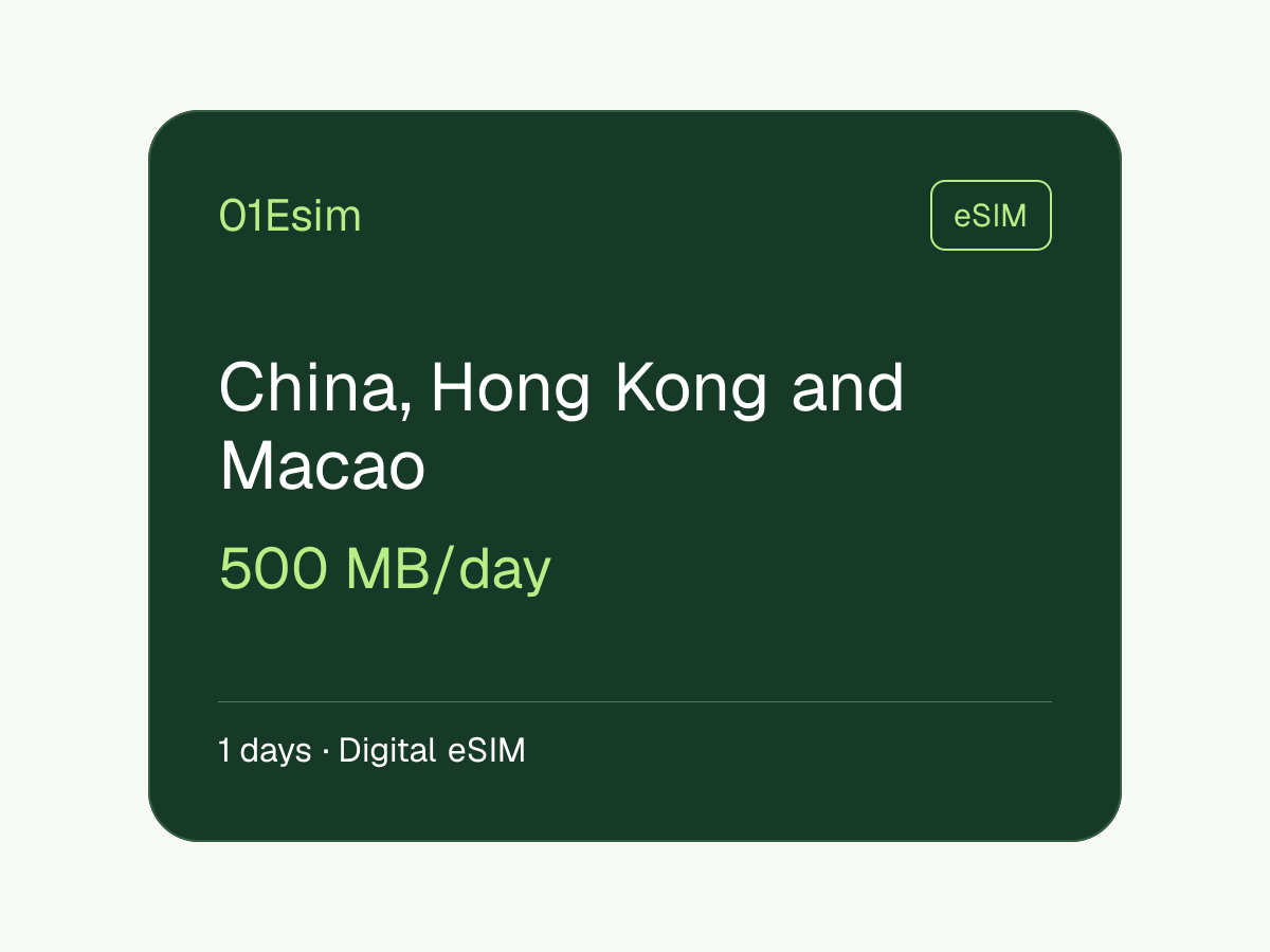 eSIM: China, Hong Kong and Macao · 500 MB/día · 1 día