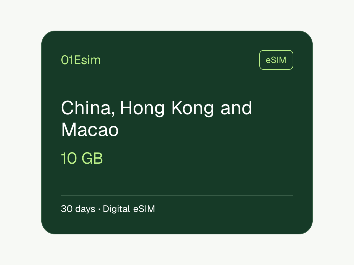 eSIM : China, Hong Kong and Macao · 10 Go · 30 jours