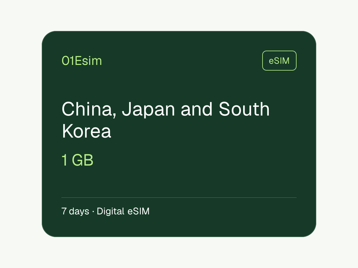 China, Japan and South Korea eSIM · 1 GB · 7 天