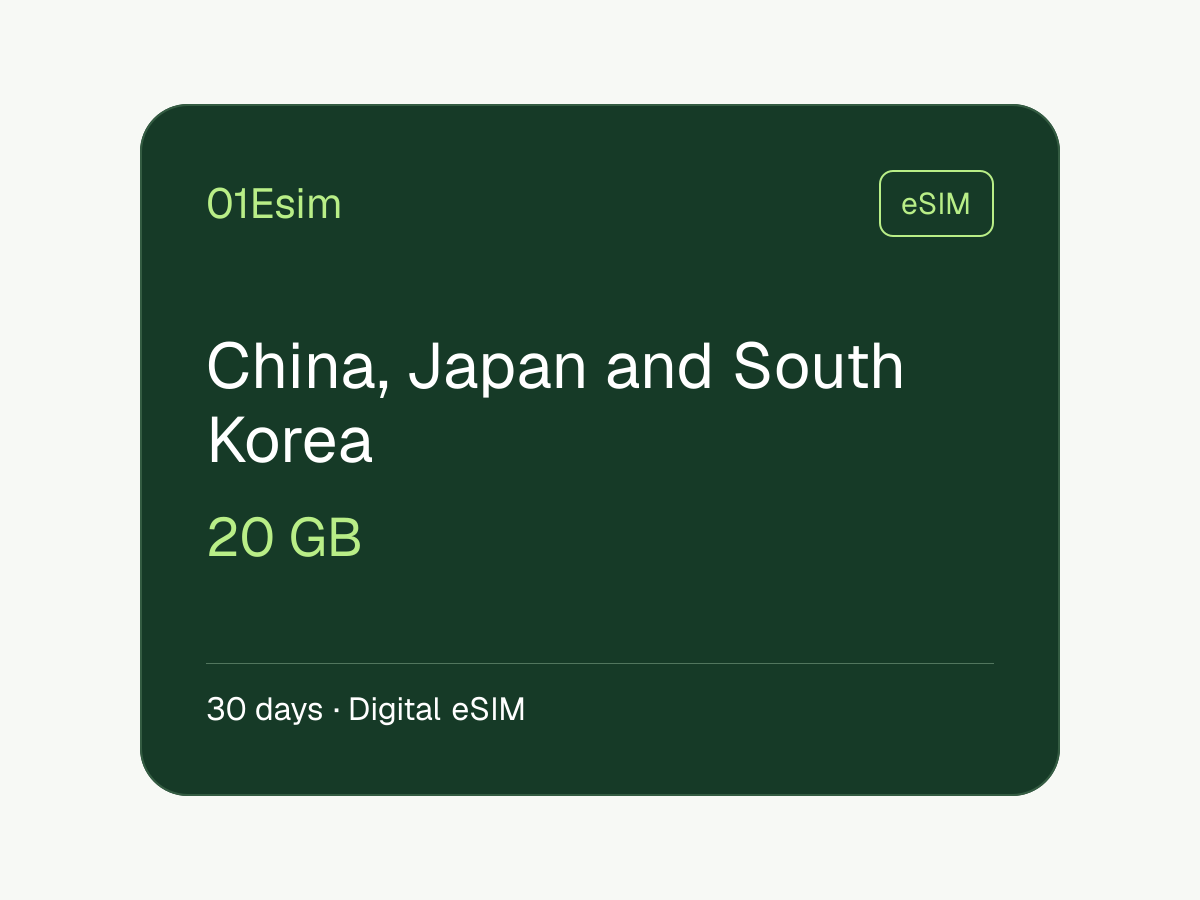 China, Japan and South Korea eSIM · 20 GB · 30 天