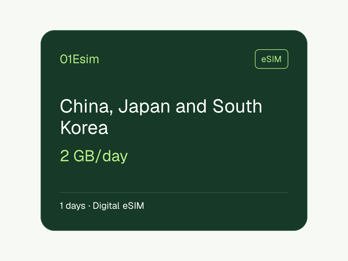 eSIM : China, Japan and South Korea · 2 Go/jour · 1 jour