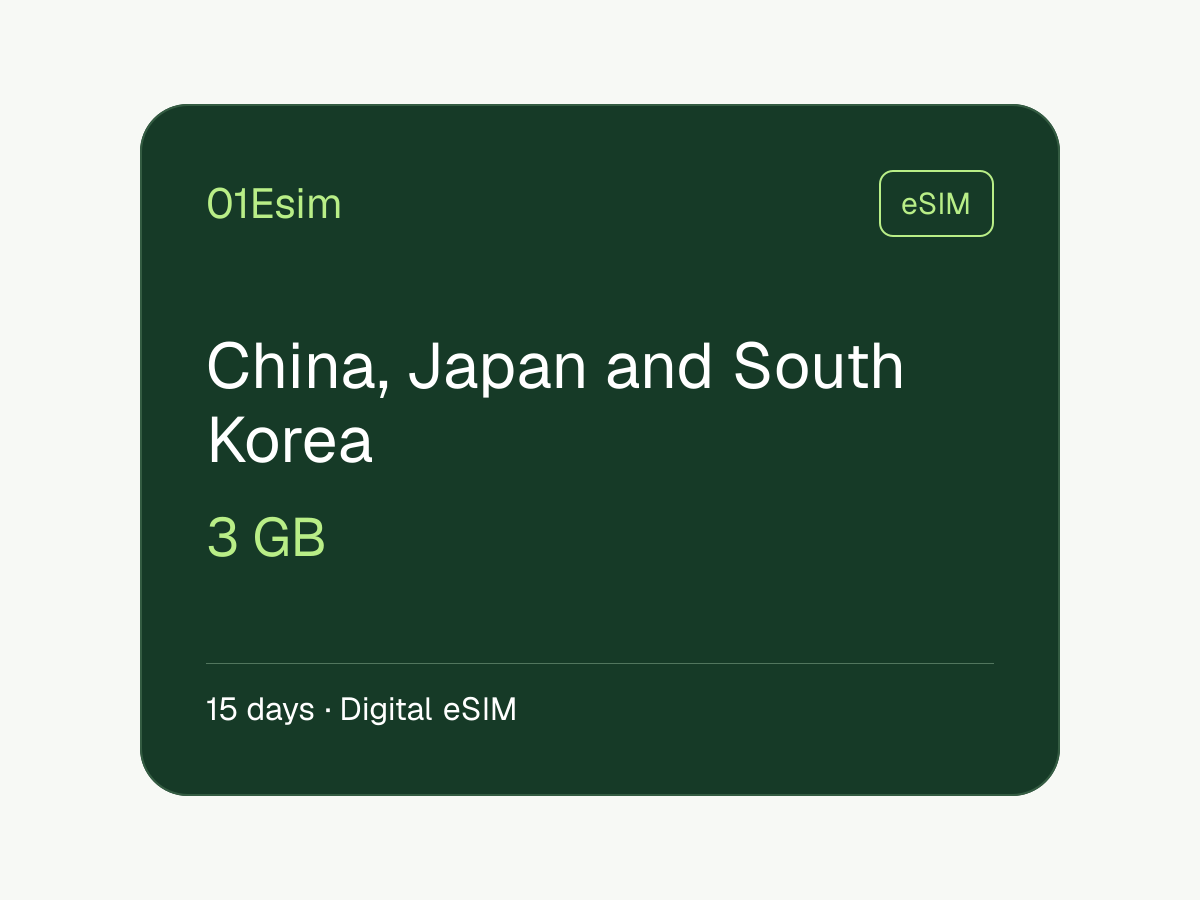 eSIM : China, Japan and South Korea · 3 Go · 15 jours