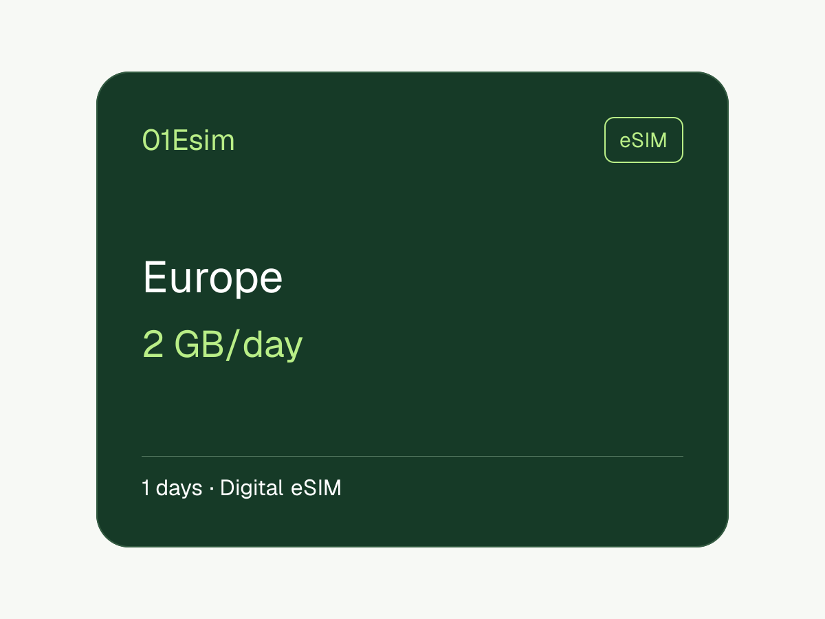 eSIM : Europe · 2 Go/jour · 1 jour