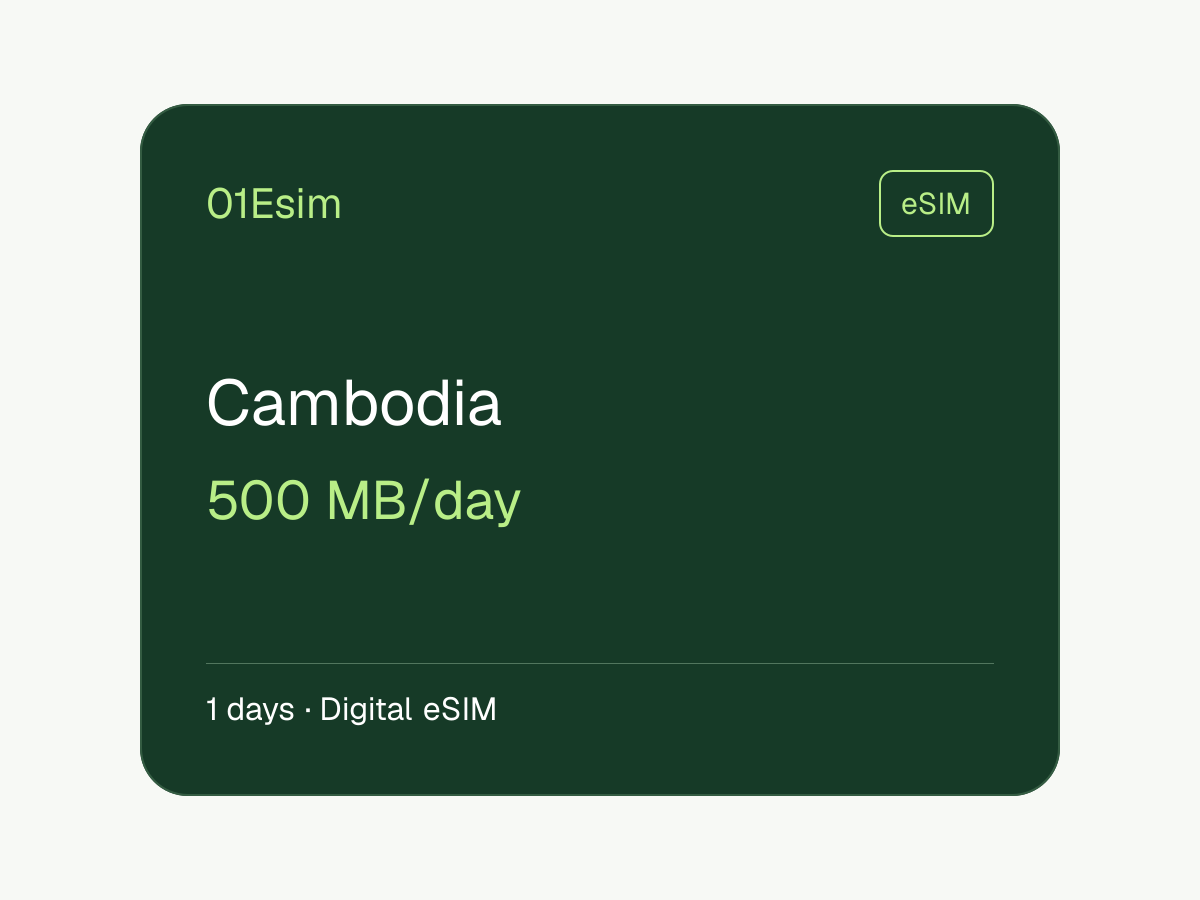 eSIM : Cambodge · 500 Mo/jour · 1 jour