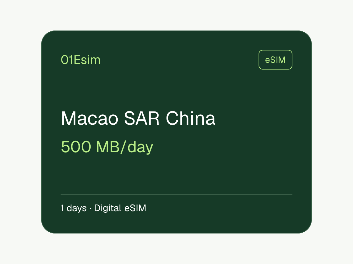 eSIM : R.A.S. chinoise de Macao · 500 Mo/jour · 1 jour